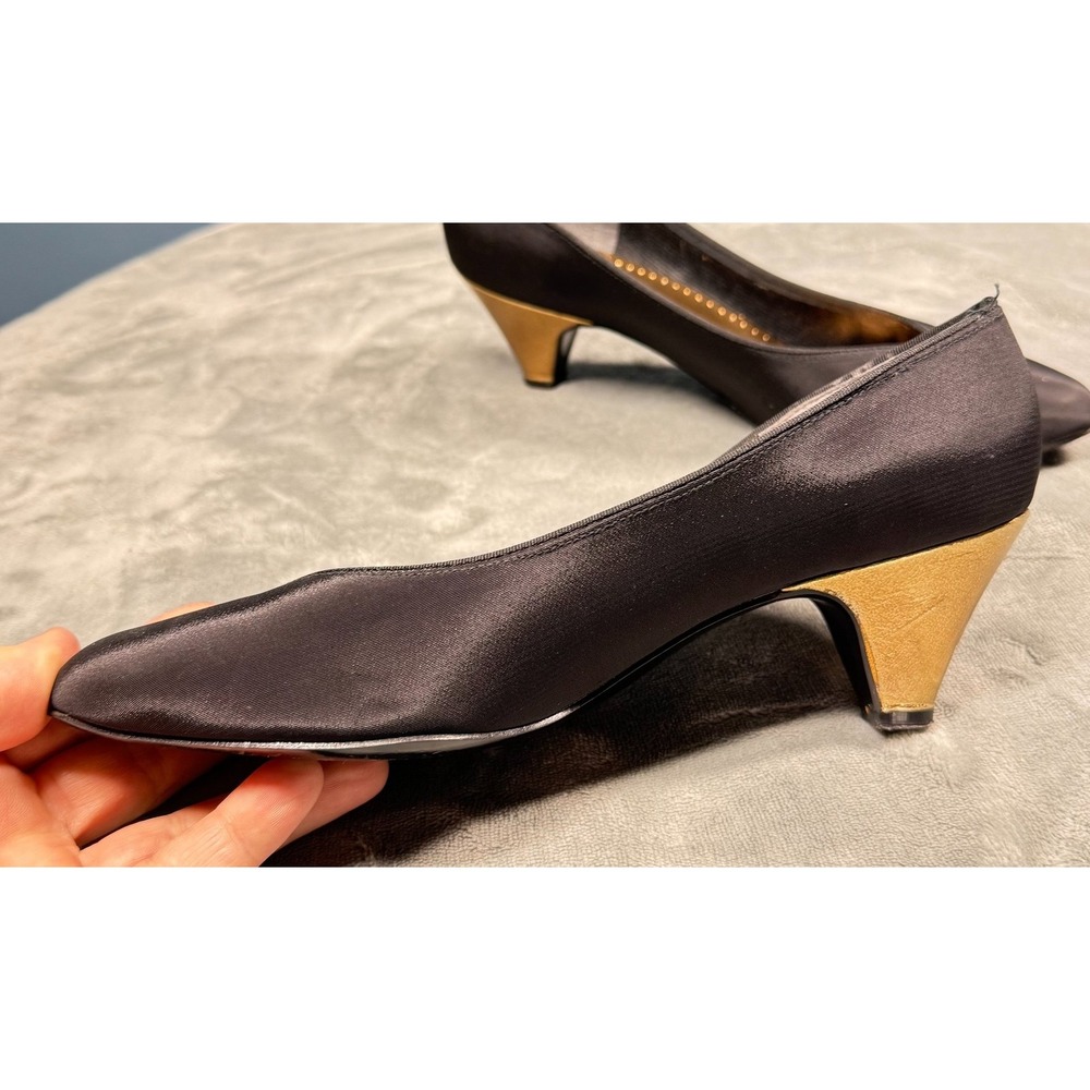 Fiammante Womens 8 Black Satin Pumps Kitten Heel Evening Formal - Picture 8 of 12